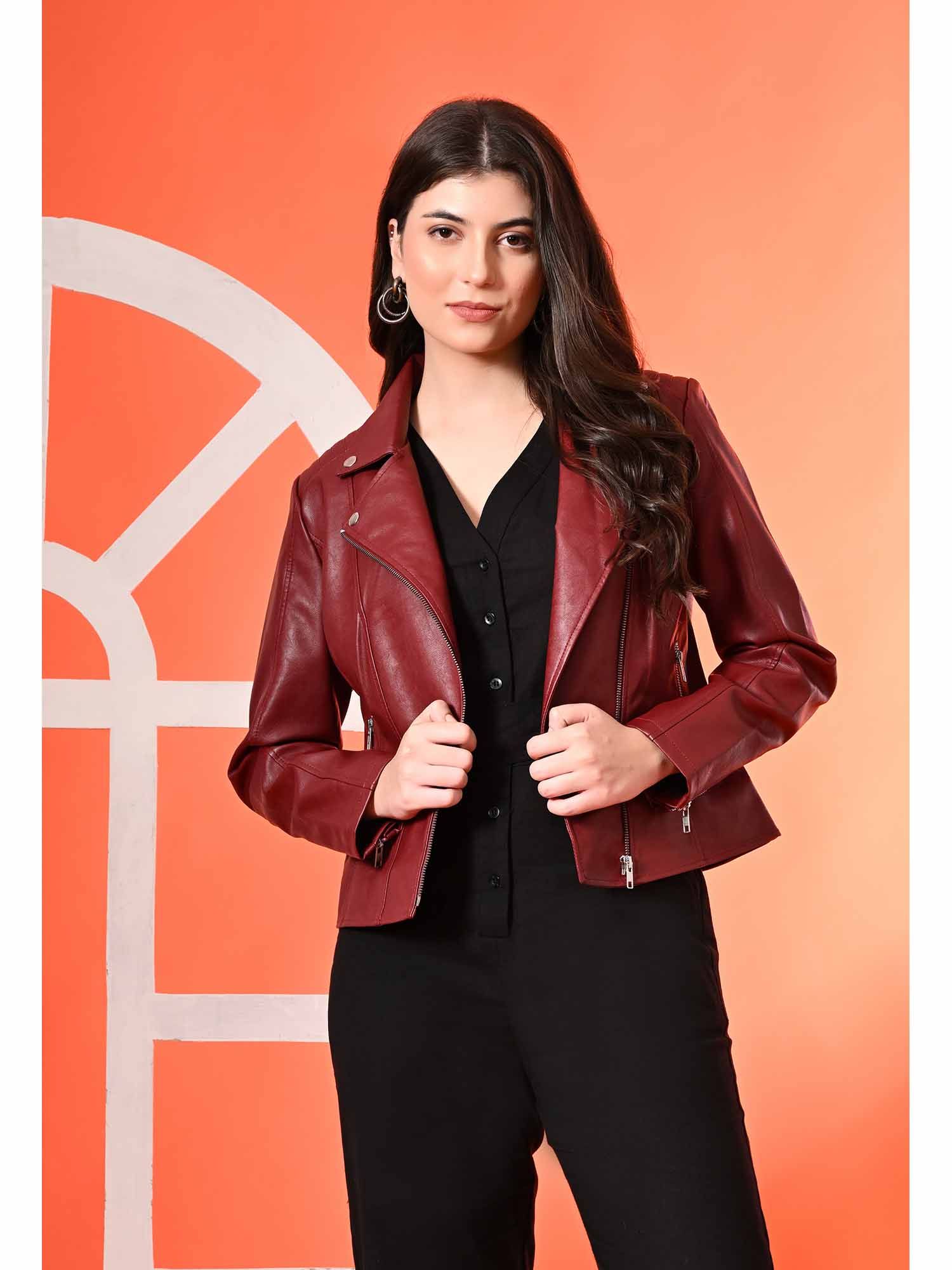 tboj Red Solid Leather Biker Jacket for Women-picture-37