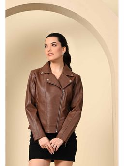 TBOJ - Women'S Tan Solid Light Weight Leather Biker Jacket