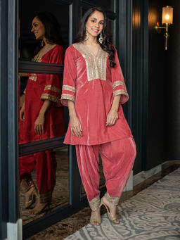 Label Shaurya Sanadhya - Velvet Dusty Short Kurti with Salwar (Set of 2)