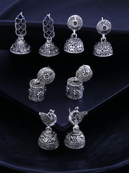Yellow Chimes - Set of 4 Silver-Plated Oxidised Jhumkas Earring