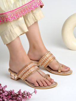 Shoetopia - Girls Rose Gold Embellished Block Heels