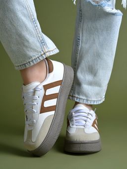 Shoetopia - Girls White Dual-Tone Contrast Stripe Sneakers