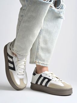 Shoetopia - Girls White Dual-Tone Contrast Stripe Sneakers