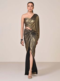 S&N by Shantnu Nikhil - Gold Metallic One-Shoulder Top