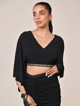 S&N by Shantnu Nikhil - Black Exaggerated Draped Sleeve Top