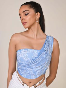 S&N by Shantnu Nikhil - Blue One-Shoulder Printed Corset Top