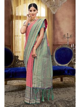 Sangam Prints - Pink Silk Woven Zari Work Traditional Tassel Saree with Unstitched Blouse