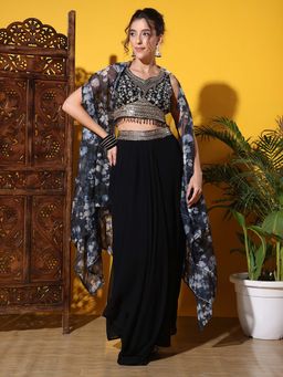 Chhabra 555 - Black Tasselled Indo-western Crop Top with Skirt & Dupatta