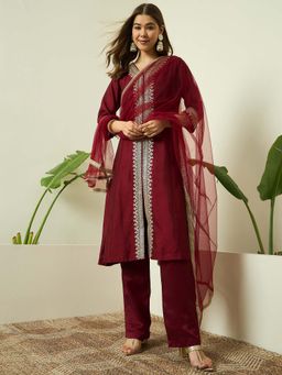 AVANSHEE - Maroon Sequined Work Silk Blend Kurta with Pant & Dupatta