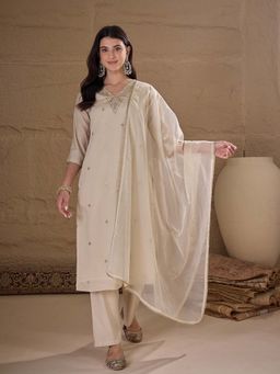 AVANSHEE - Womens Off White Embroidered Silk Blend Kurta with Pant & Dupatta
