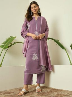 AVANSHEE - Embroidered Chanderi Cotton Purple Kurta with Pant & Dupatta
