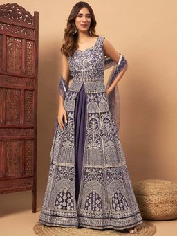 Chhabra 555 - Embroidered Long Front Slit Jacket style Kurta with Pleated Skirt & Dupatta