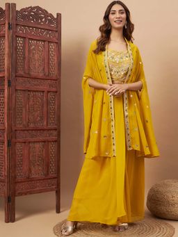 Chhabra 555 - Tasselled Indo-western Mustard Crop Top with Skirt & Cape