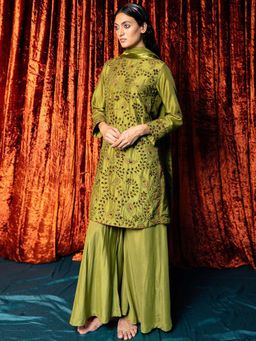 Ganga Fashions - Green Olive Full Embroidered Raw Silk Kurta with Palazzo & Dupatta