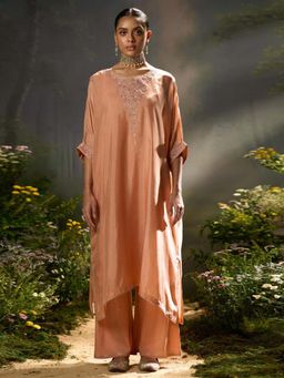 Ganga Fashions - Peach Bloom Silk Kaftan Kurta with Pant & Slip