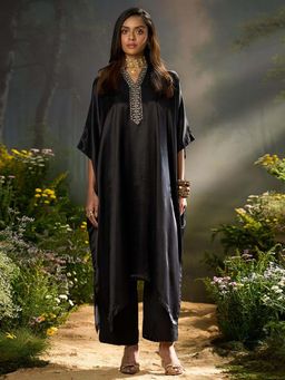Ganga Fashions - Black Silk Kaftan Kurta with Pant & Inner