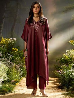 Ganga Fashions - Tawny Port Silk Kaftan Kurta with Pant & Slip