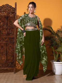Chhabra 555 - Green Tasselled Indo-western Crop Top with Skirt & Dupatta