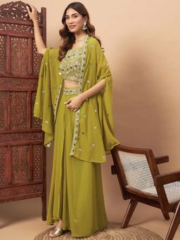 Chhabra 555 - Tasselled Indo-western Green Crop Top with Skirt & Cape