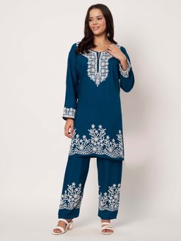 SWI STYLISH - Womens Blue Red Floral Embroidered Co-Ord Set