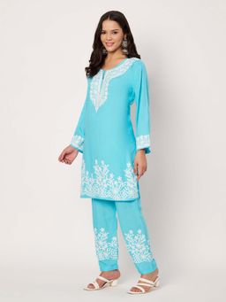 SWI STYLISH - Womens Turquoise Red Floral Embroidered Co-Ord Set