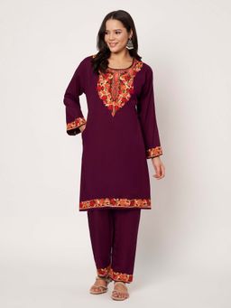 SWI STYLISH - Womens Wine Floral Embroidered Co-Ord Set