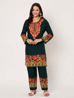 SWI STYLISH - Womens Bottle Green Floral Embroidered Co-Ord Set