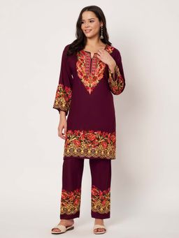 SWI STYLISH - Womens Wine Floral Embroidered Co-Ord Set