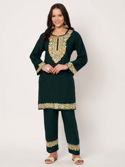 SWI STYLISH - Womens Bottle Green Floral Embroidered Co-Ord Set