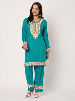 SWI STYLISH - Womens New Green Floral Embroidered Co-Ord Set