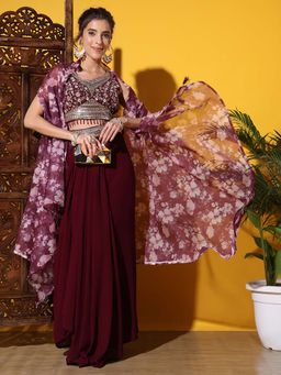 Chhabra 555 - Maroon Tasselled Indo-western Crop Top with Skirt & Dupatta