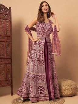 Chhabra 555 - Pink Embroidered Long Front Slit Jacket style Kurta with Pleated Skirt & Dupatta