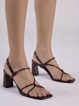 Twenty Dresses by Nykaa Fashion - Women Burgundy Patent Strappy Square Toe Block Heel Sandals