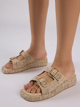 Twenty Dresses by Nykaa Fashion - Beige Textured Double Strap Flatform Heel Sandals For Women