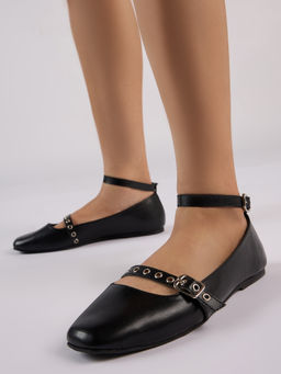 Twenty Dresses by Nykaa Fashion - Women Black Metal Eyelet Detail Mary Jane Ballerina Flats