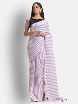 Angoshobha - White & Purple Stripes Molmol Cotton Saree with Unstitched Blouse