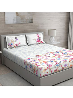 GM - Pink Yellow And Blue Floral 150 Tc Cotton Queen 1 Bedsheet 2 Cushion Covers