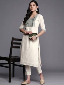 Libas - Off White Cotton Sequins Embroidered Yoke Detail Straight Kurta