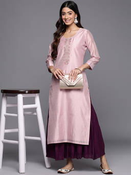 Libas - Pink Chanderi Silk Embroidered With Zari Work Straight Kurta