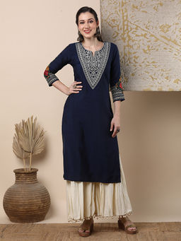 FASHOR - Navy Blue Embroidered Straight Fit Kurta