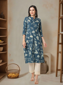 FASHOR - Blue Floral Printed and Kantha Straight Fit Kurta