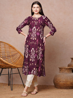 FASHOR - Burgundy Ethnic Ikat Printed and Embroidered Straight Fit Kurta