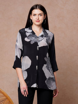 FASHOR - Black Floral Printed Straight Fit Shirt