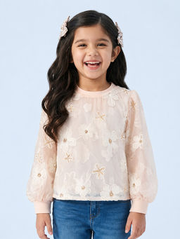 devils n angels - Girls Pink Floral Embroidered Party Wear Balloon Sleeve Top