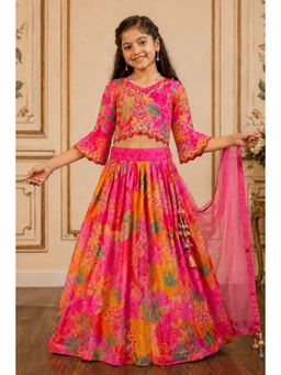 Lagorii - Pink-Orange Floral Printed Lehenga and Choli With Dupatta