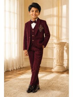 Lagorii - Maroon Embroidered Shawl Collar Blazer-Waistcoat and Shirt with Pant