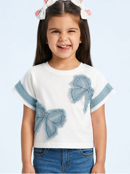 devils n angels - Girls White Denim Bow Birthday Party Wear Top