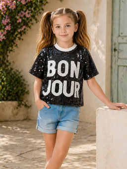 devils n angels - Girls Black Sequin Casual And Party Wear T-shirt