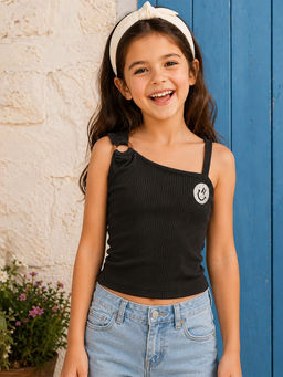 devils n angels - Girls Black Ribbed One Shoulder Party Wear Top