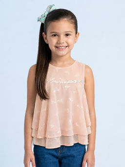 devils n angels - Girls Peach Butterfly Print Sleeveless Party Wear Top